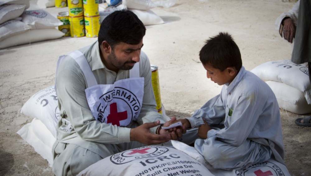 Boy fetching food package from ICRC distribution point in Pakistan, 2010