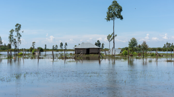 A flooded home in Osodo, Homa Bay, Kenya, Tuesday, Dec 17, 2019. Heavy rains have hit Kenya particularly hard this year, killing crops and displacing tens of thousands of people throughout the country. Mackenzie Knowles-Coursin/ICRC