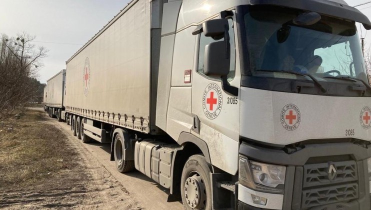 An ICRC convoy carrying 60 tons of food and non-food items is seen during an aid delivery to a Ukrainian Red Cross warehouse in Kharkiv, Ukraine on March 26, 2022.