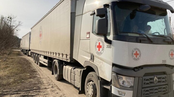 An ICRC convoy carrying 60 tons of food and non-food items is seen during an aid delivery to a Ukrainian Red Cross warehouse in Kharkiv, Ukraine on March 26, 2022.